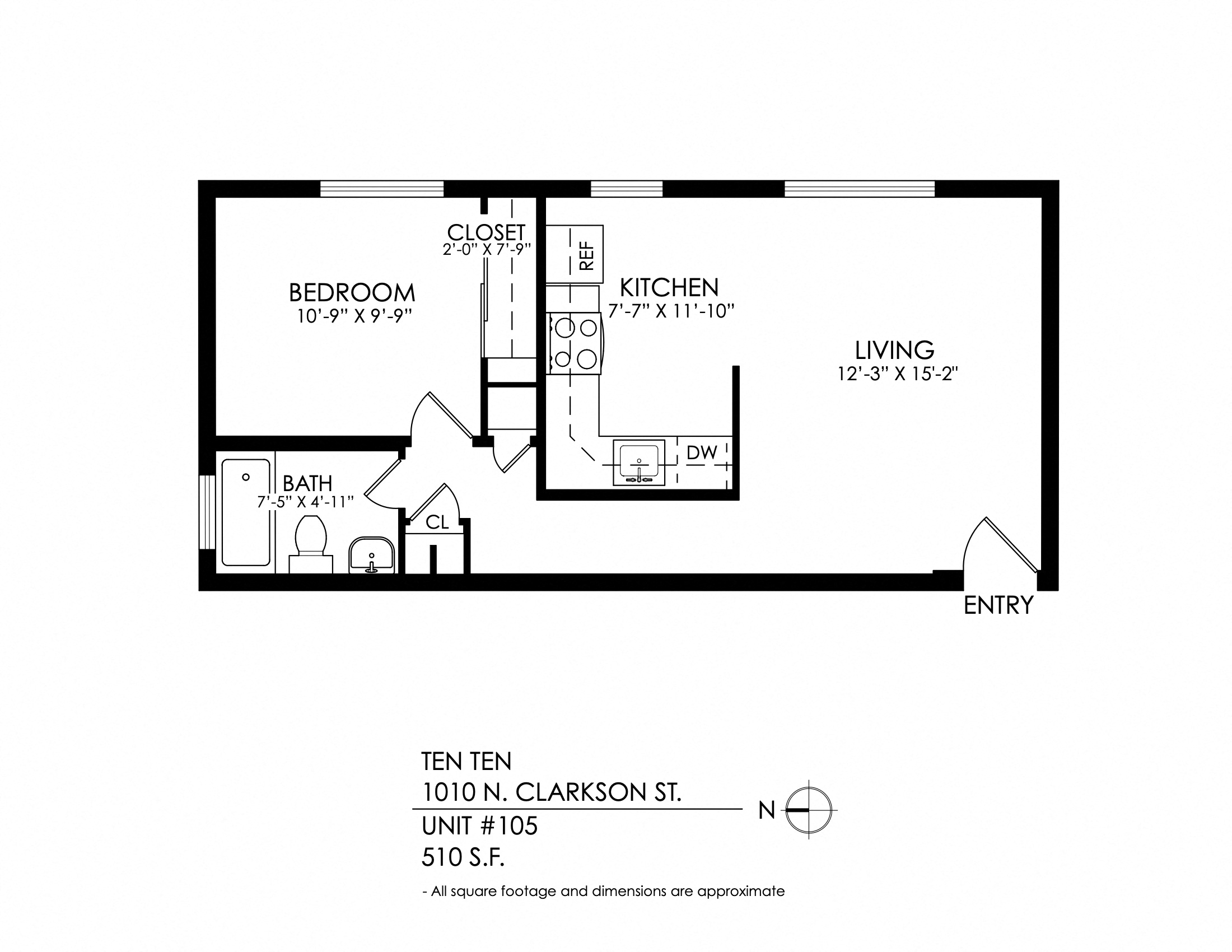 Floor plan for 1 bed, 1 bath, 450 sqft